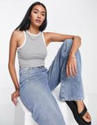 Asos Design Ribbed Tank Top With Contrast Binding In Gray Heather