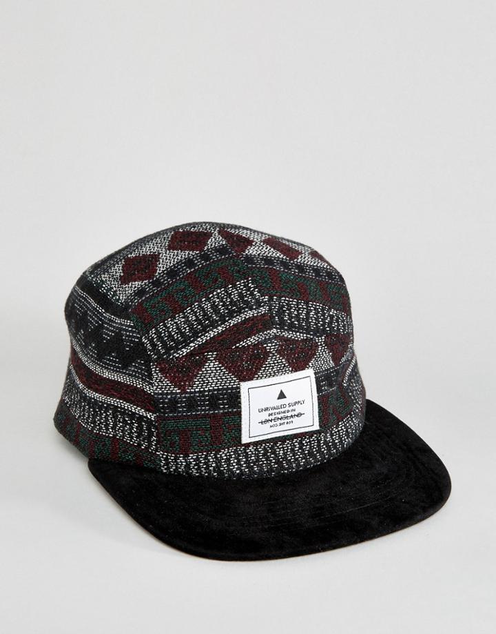 Asos 5 Panel Cap In Geo-tribal Woven - Black
