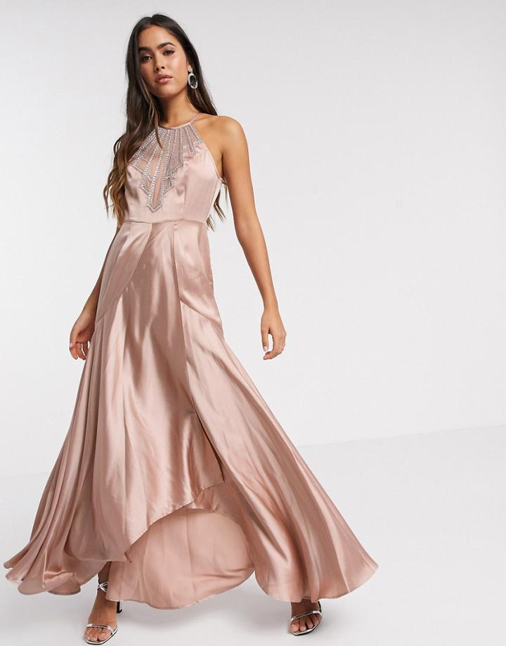 Asos Design Maxi Dress In Satin With Embellished Neck In Rose Gold-neutral