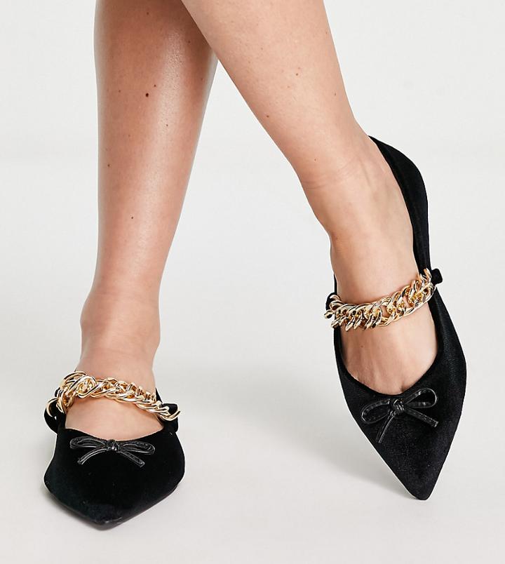 Asos Design Wide Fit Links Chain Point Ballets In Black Velvet