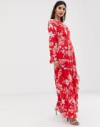 Asos Design Wrap Maxi Dress With Frills In Red Floral Print - Multi