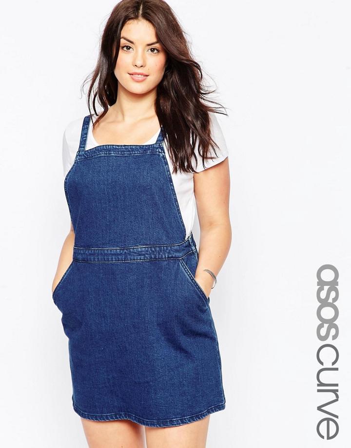 Asos Curve Denim A-line Pinafore Dress - Blue