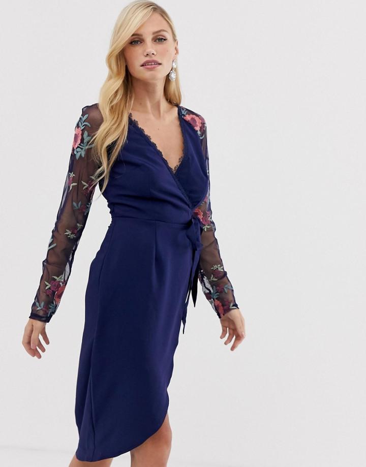 Little Mistress Lace Sleeve Midi Pencil Dress - Black