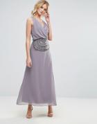 Little Mistress Drape Front Maxi Dress With Embellishment - Gray