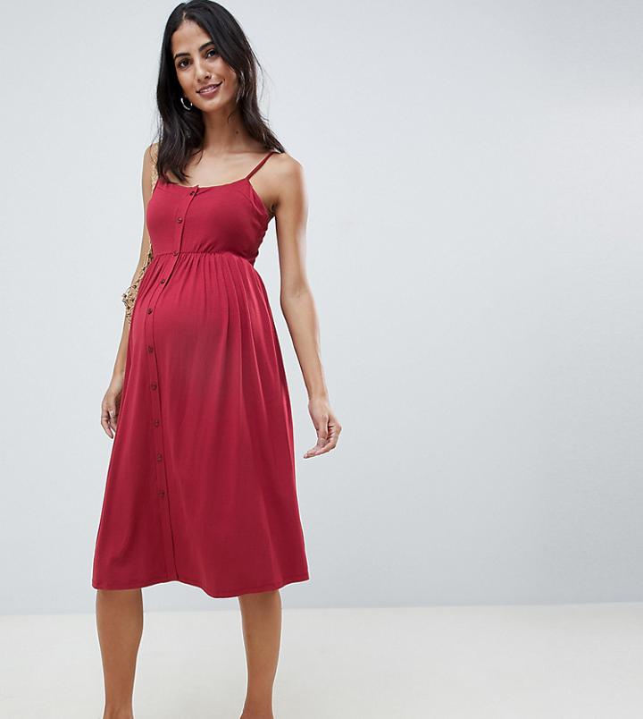 Asos Design Maternity Square Neck Midi Button Front Smock Dress - Red