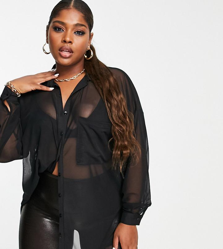 Asos Design Curve Recycled Blend Oversized Mesh Shirt In Black