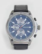 Police Contact Mens Watch Black Leather Strap With Blue Multi Functional Dial - Black