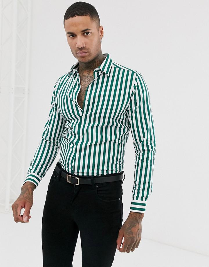 Devils Advocate Slim Fit Cotton Stripe Long Sleeve Shirt-brown