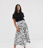 Asos Design Petite Pleated Midi Skirt In Mono Abstract Print - Multi