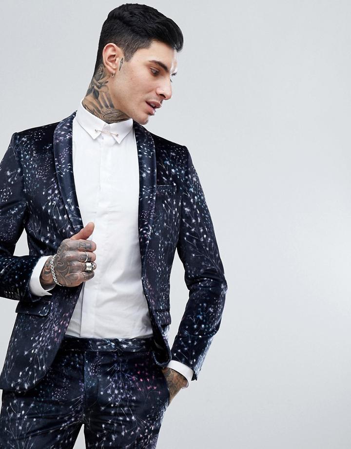 Noose & Monkey Super Skinny Suit Jacket In Printed Velvet - Black