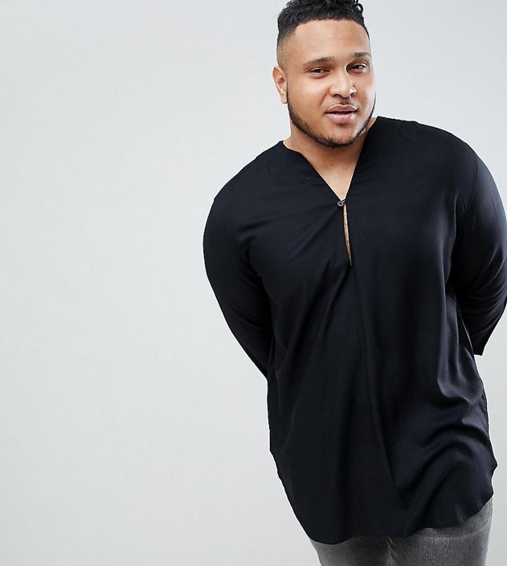 Asos Design Plus Regular Fit Longline Viscose Shirt In Black With V Neck - Black