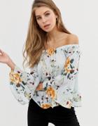 Qed London Bardot Top With Fluted Sleeve In Blue Floral - Blue