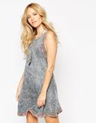 Asos Swing Dress In Acid Wash With Embroidery - Charcoal