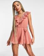 Rare London Pleated Romper With Ruffle Detail In Pink