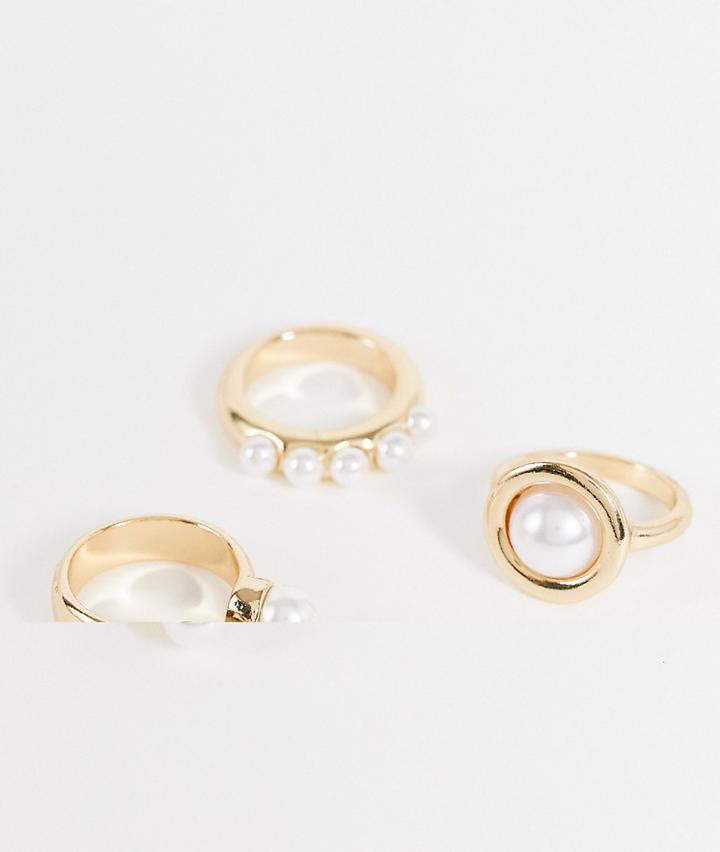 Asos Design 3-pack Rings With Pearls In Gold Tone