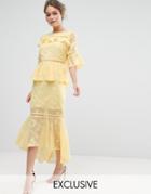 Dark Pink Burn Out Tiered Midi Dress With Lace Inserts - Yellow