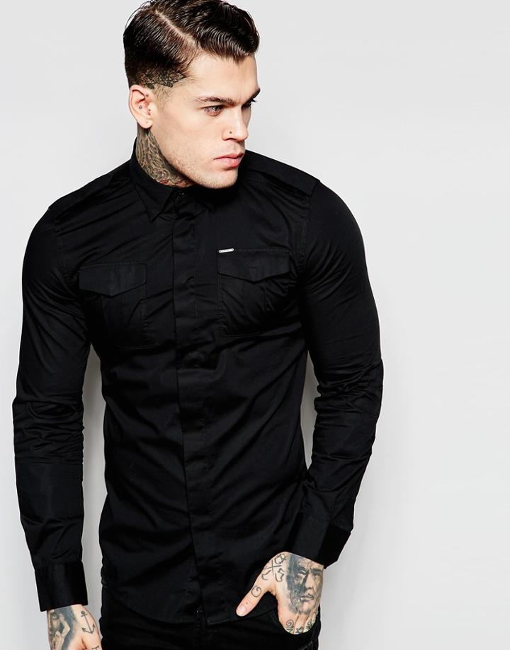 Diesel Shirt S-haul Slim Fit Military Poplin In Black - Black