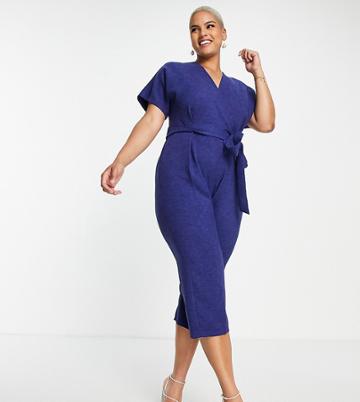 Closet London Plus Tie Waist Kimono Jumpsuit In Navy