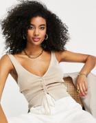 Asos Design Knitted Tank Top With Ruched Front Detail In Cream-white