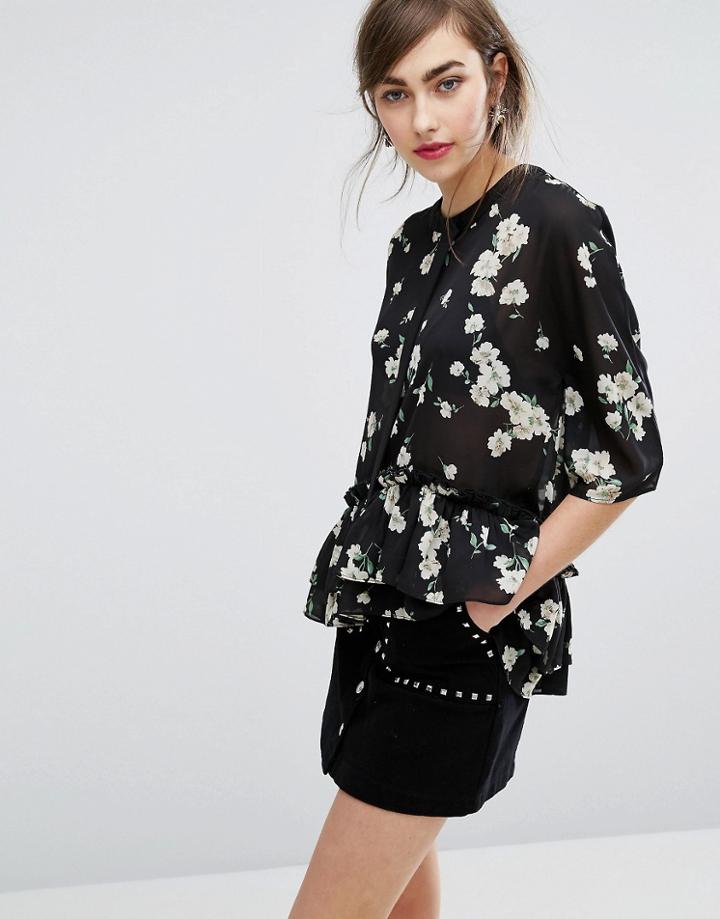 E.f.l.a Peplum Hem Top In Floral Print - Blue