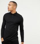 Asos Design Tall Long Sleeve Jersey Polo In Black - Black