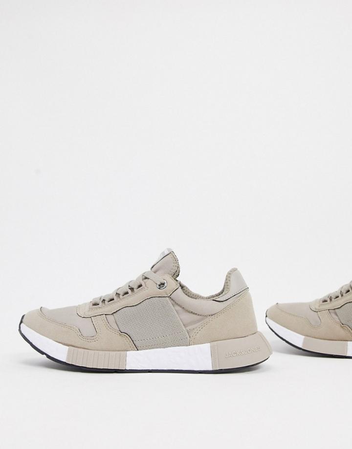 Jack & Jones Runner Sneakers With Elasticated Detail In Stone-neutral