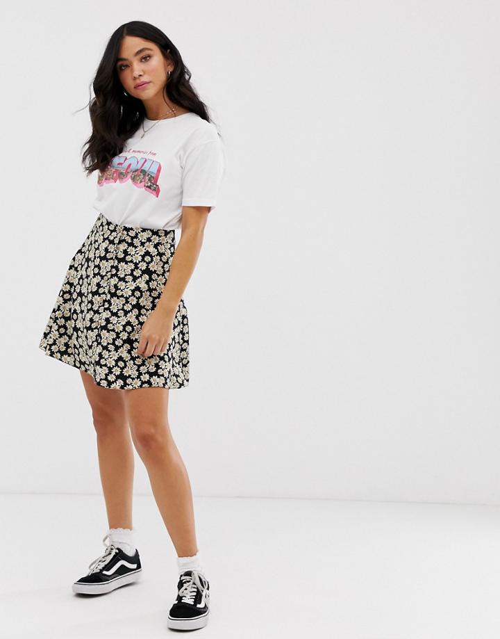 Nobody's Child Button Front Mini Skirt In Daisy Print - Black