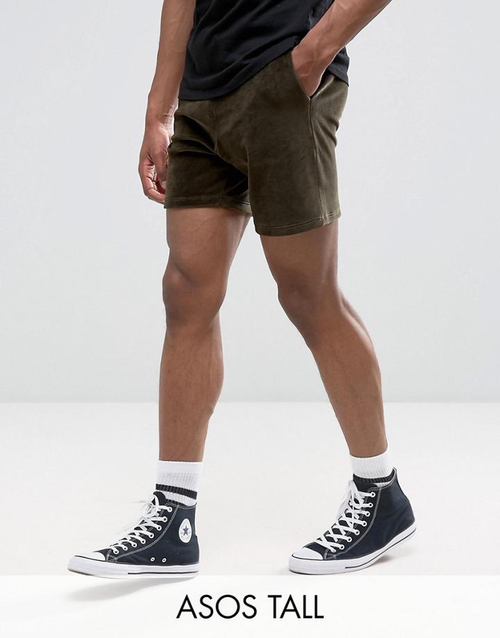 Asos Tall Shorts In Khaki Velour - Green