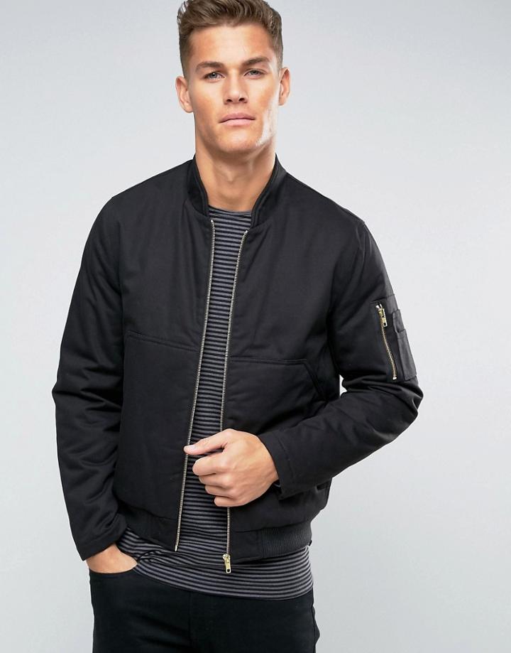 Asos Wadded Bomber Jacket With Kangaroo Pockets In Black - Black