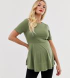 Asos Design Maternity Nursing Double Layer Short Sleeve Smock Top In Khaki - Green