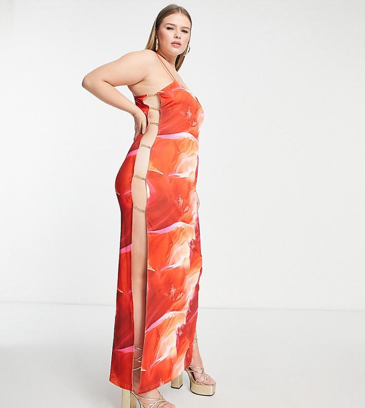 Simmi Plus Square Neck Maxi Dress In Orange Marble Print-multi