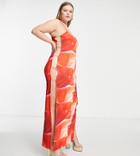 Simmi Plus Square Neck Maxi Dress In Orange Marble Print-multi
