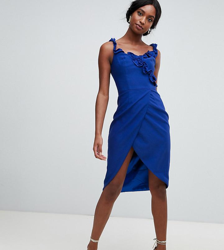 Chi Chi London Tall Wrap Pencil Dress With Frill Detail In Cobalt-blue