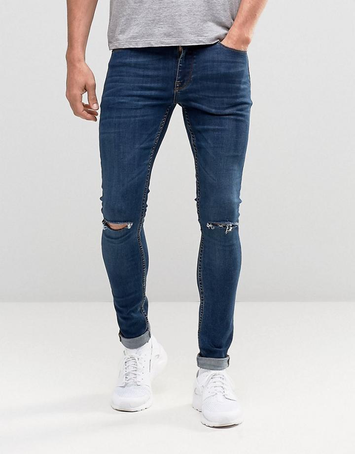 Asos Extreme Super Skinny Jeans With Knee Rips In Dark Wash - Dark Blue