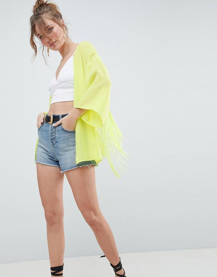 Asos Design Kimono With Fringing - Black