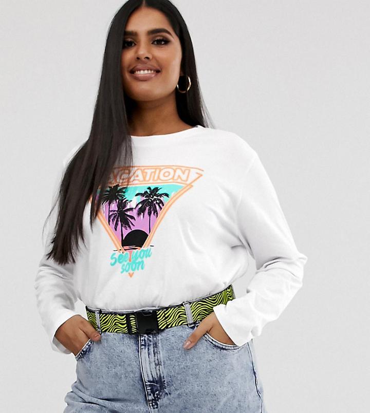 Asos Design Curve T-shirt With Retro Vacation Print-white