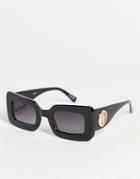 Asos Design Chunky Square Sunglasses With Metal Monogram Temple Design In Shiny Black