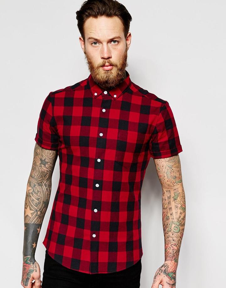 Asos Skinny Shirt With Buffalo Plaid In Red With Short Sleeves - Red