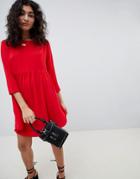 Asos Design Long Sleeve Smock Mini Dress-red