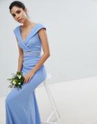 Tfnc Bardot Maxi Bridesmaid Dress With Fishtail And Embellished Waist - Blue