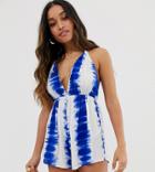 Asos Design Petite Crinkle Halter Romper In Tie Dye Print - Multi