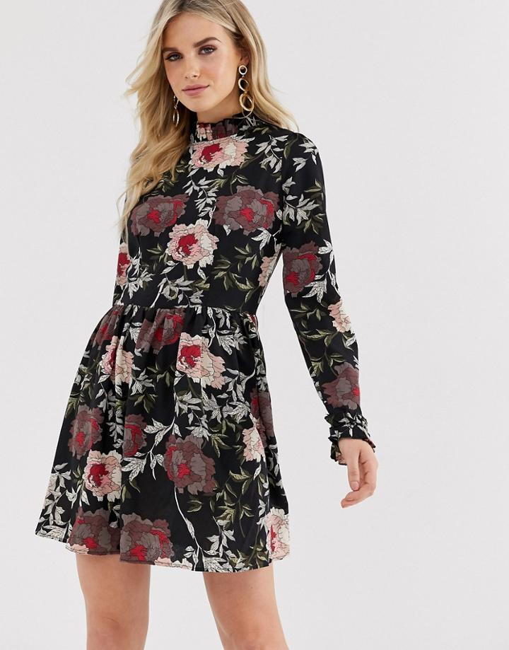 Ax Paris Floral Print Shift Dress - Black