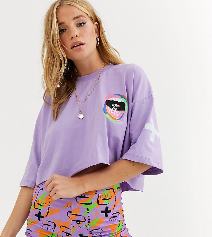 Life Is Beautiful Cropped T-shirt With Print Two-piece-purple