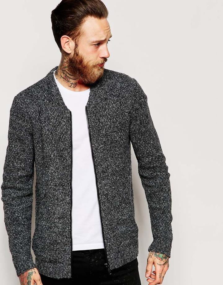Asos Knitted Bomber Jacket In Brushed Boucle Yarn - Charcoal