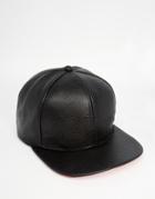 Asos Snapback Cap In Black Faux Leather - Black