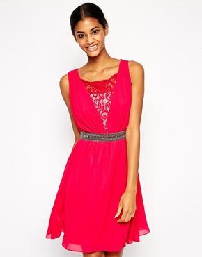Little Mistress Lace Prom Dress With Embellished Waist - Cherry