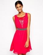 Little Mistress Lace Prom Dress With Embellished Waist - Cherry