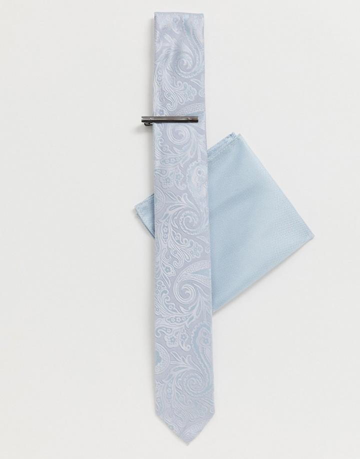 New Look Tie And Tie Pin Set With Paisley Print In Light Blue - Blue