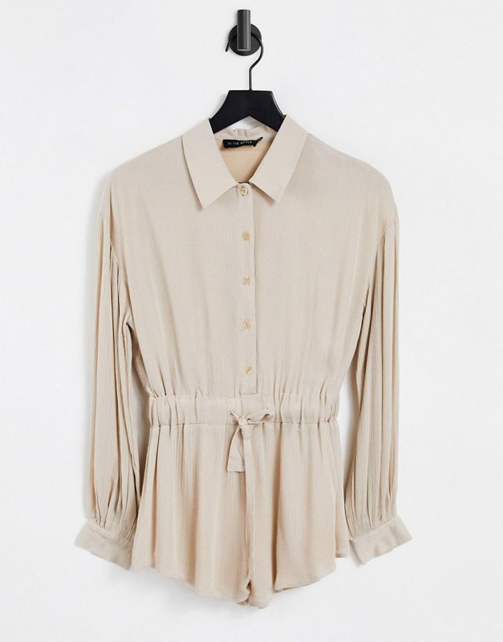 In The Style X Elle Darby Relaxed Romper With Tie Belt Detail In Stone-neutral
