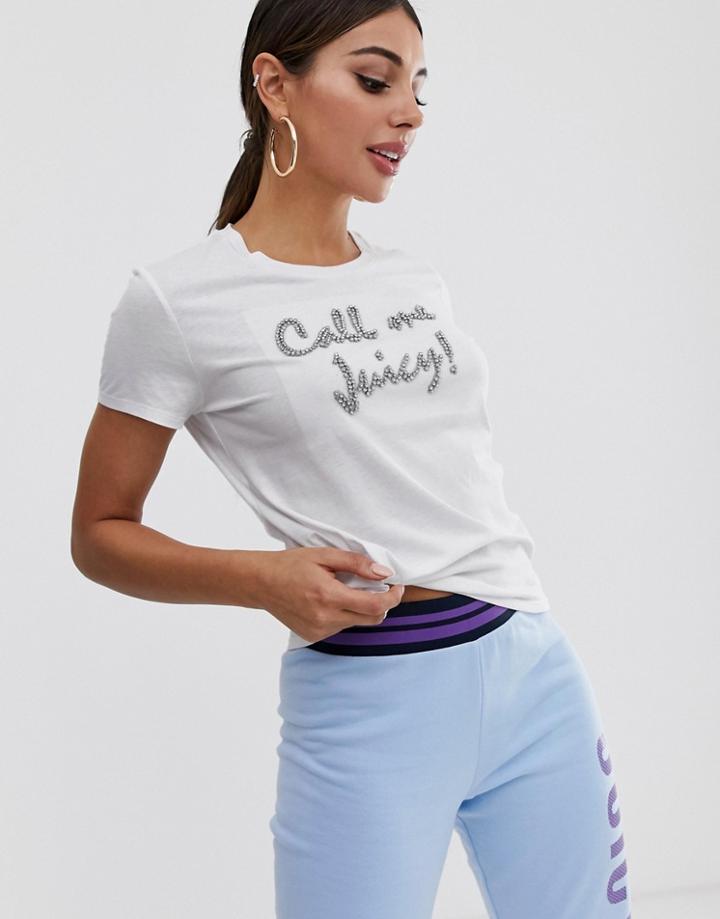 Juicy Couture Black Label Call Me Juicy Crystals Slogan T-shirt-white
